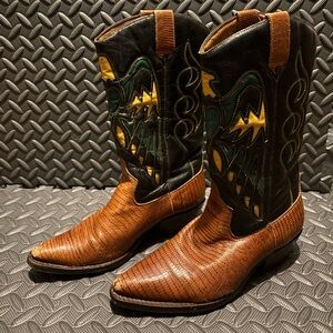 Nine West Y2K Leather Cowboy Boots Sz 6.5M Leather Heart Eagle Green Yellow